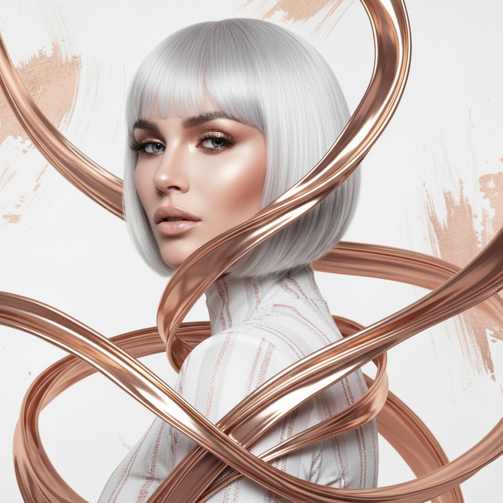 Platinum silver bob with rose gold metallic accents