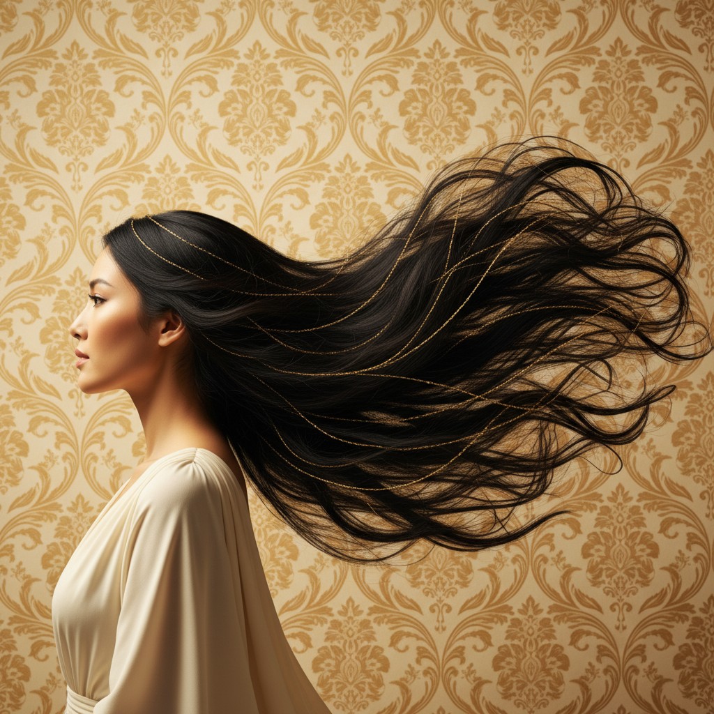 Dark flowing hair with gold highlights